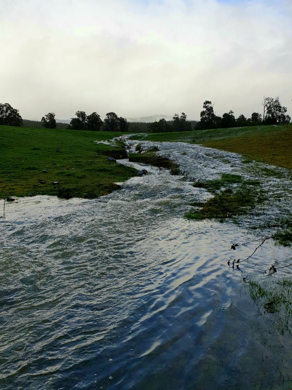 Dams overflow and water runs in volume out of the surrounding hills and our upper dam