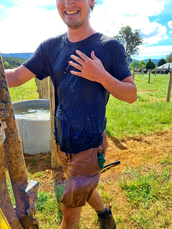 Oscar takes a backflip into the water troughs whilst managing a Bulls advance...